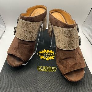 Yellow Box Brown Suede Peep-Toe Mules with Embossed Tan Strap